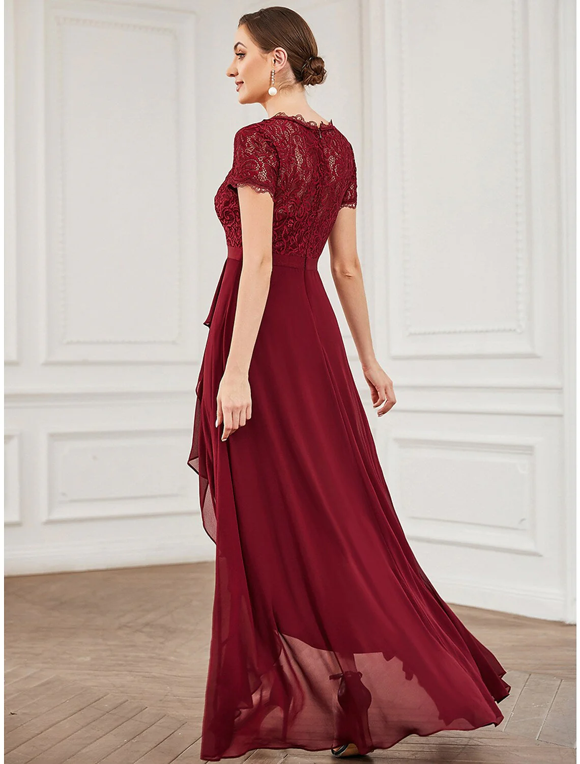 A-Line Cocktail Dresses Dress Wedding Party Asymmetrical Short Sleeve V Neck Lace with Slit - TREBLEV