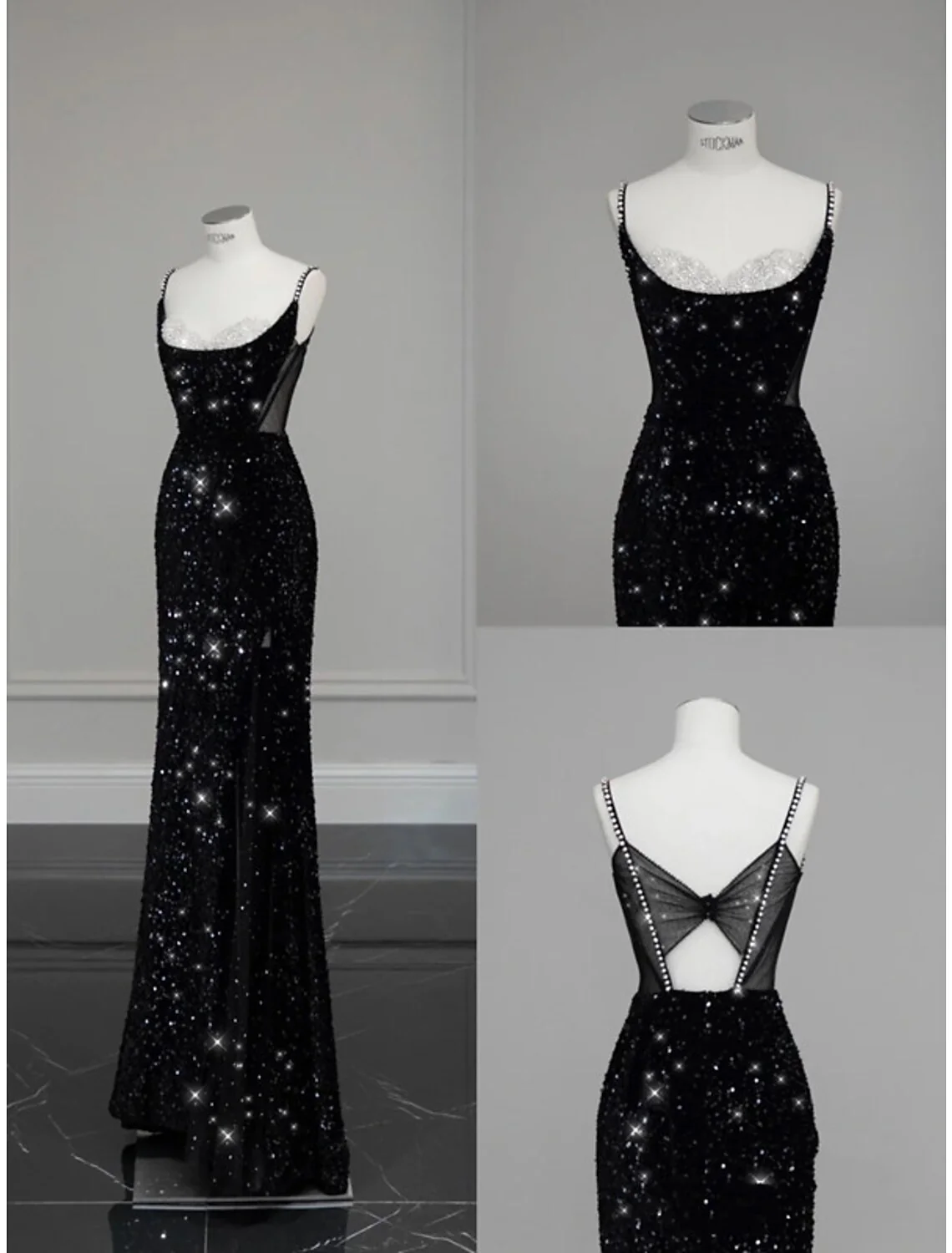 Mermaid / Trumpet Evening Gown Sexy Dress Formal Floor Length Sleeveless Spaghetti Strap Sequined with Bow(s) Crystals Sequin - TREBLEV