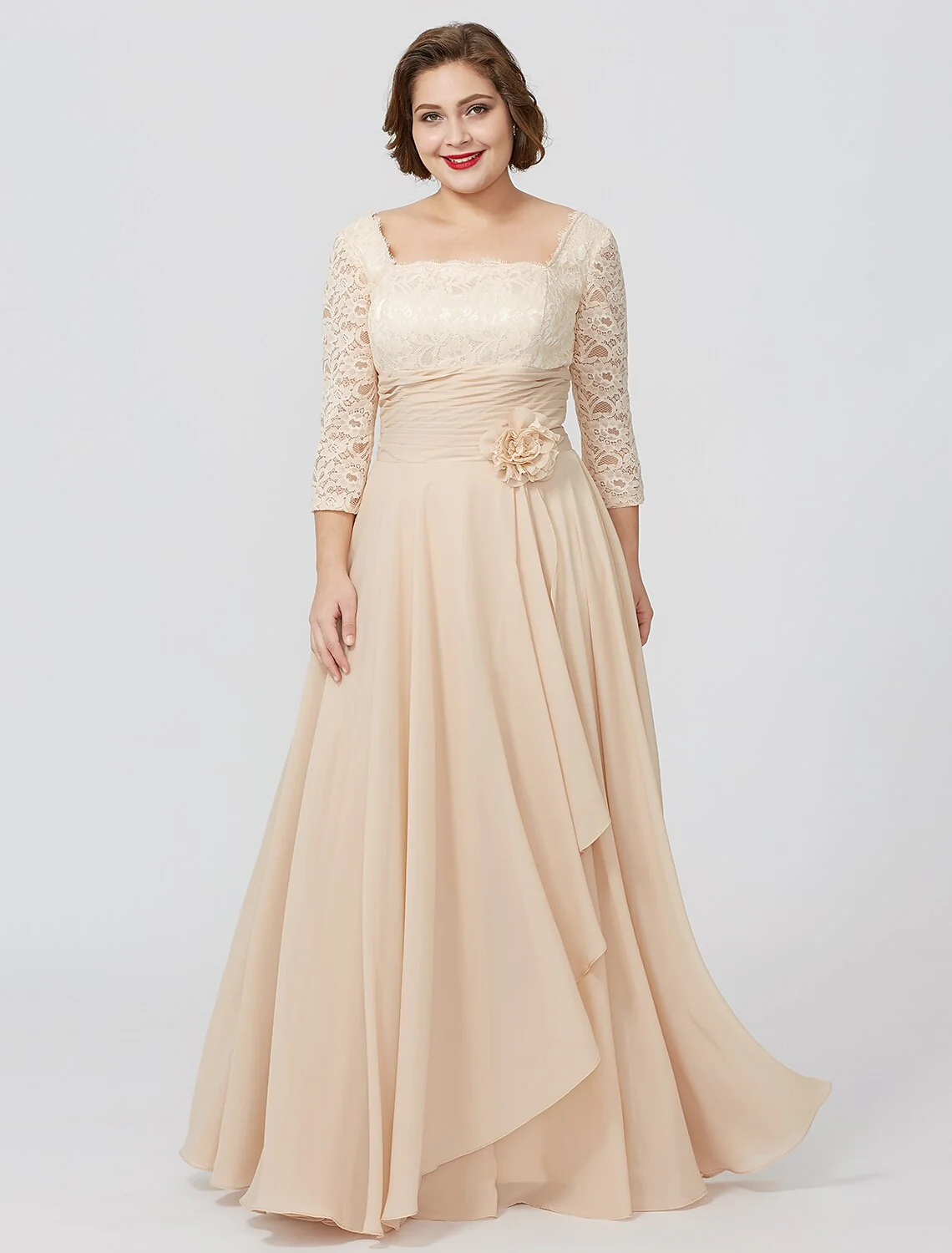 Sheath / Column Mother of the Bride Dress Formal Classic & Timeless Elegant & Luxurious Plus Size Square Neck Floor Length Chiffon Metallic Lace 3/4 Length Sleeve No with Sash / Ribbon Flower - TREBLEV