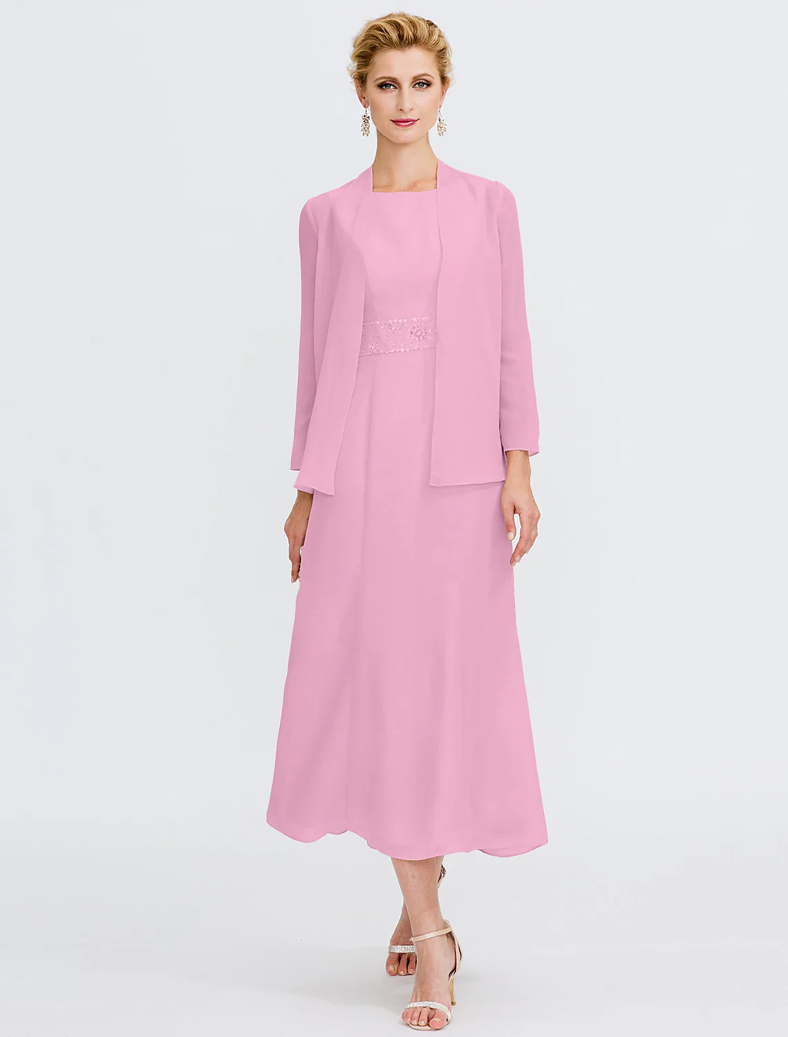 Two Piece Sheath / Column Mother of the Bride Dress Fall Wedding Guest Dresses Plus Size Elegant Jewel Neck Tea Length Chiffon Sleeveless Wrap Included with Sash / Ribbon Pleats Beading - TREBLEV