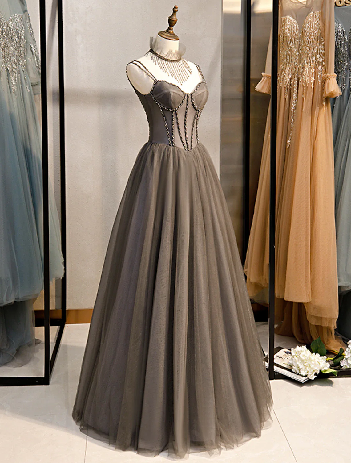 A-Line Prom Dresses Sexy Dress Formal Floor Length Sleeveless Spaghetti Strap Tulle with Pleats Crystals - TREBLEV