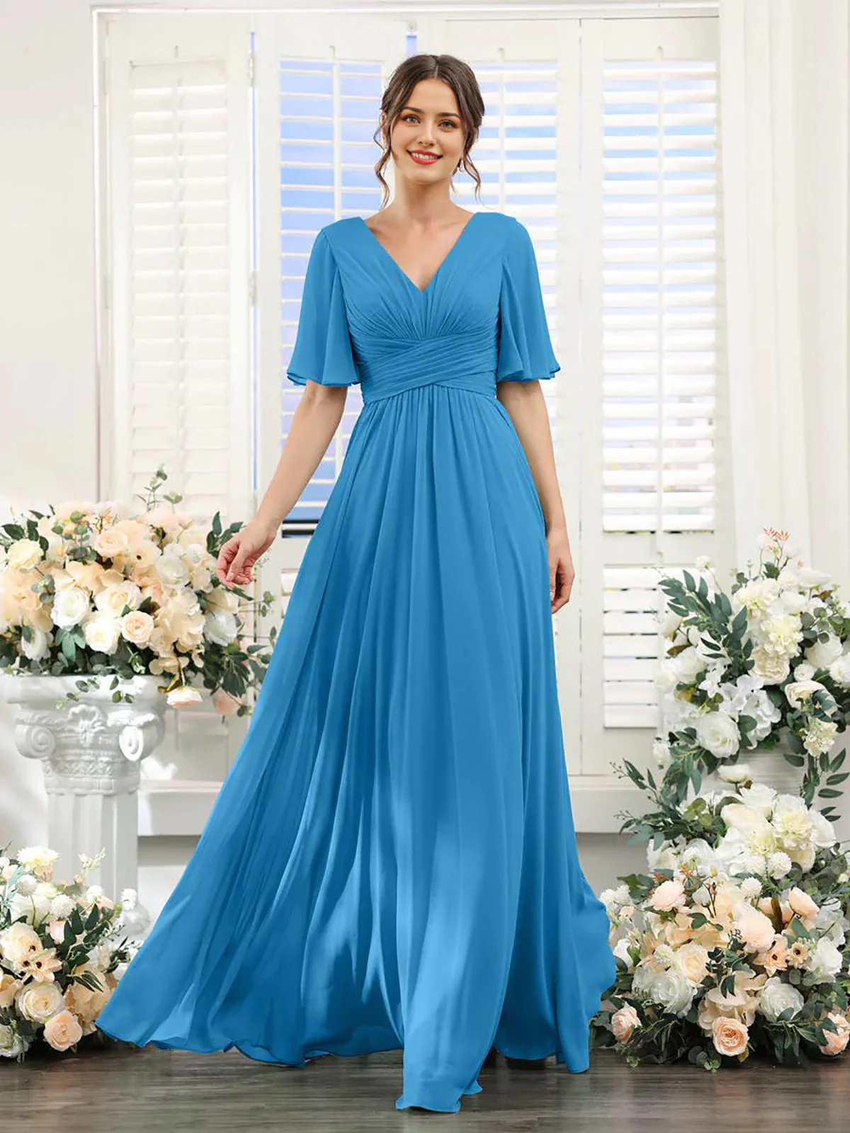 A-Line V Neck Sleeve Bridesmaid Dress for Wedding Guest Long Chiffon Party Dresses with Slit - TREBLEV