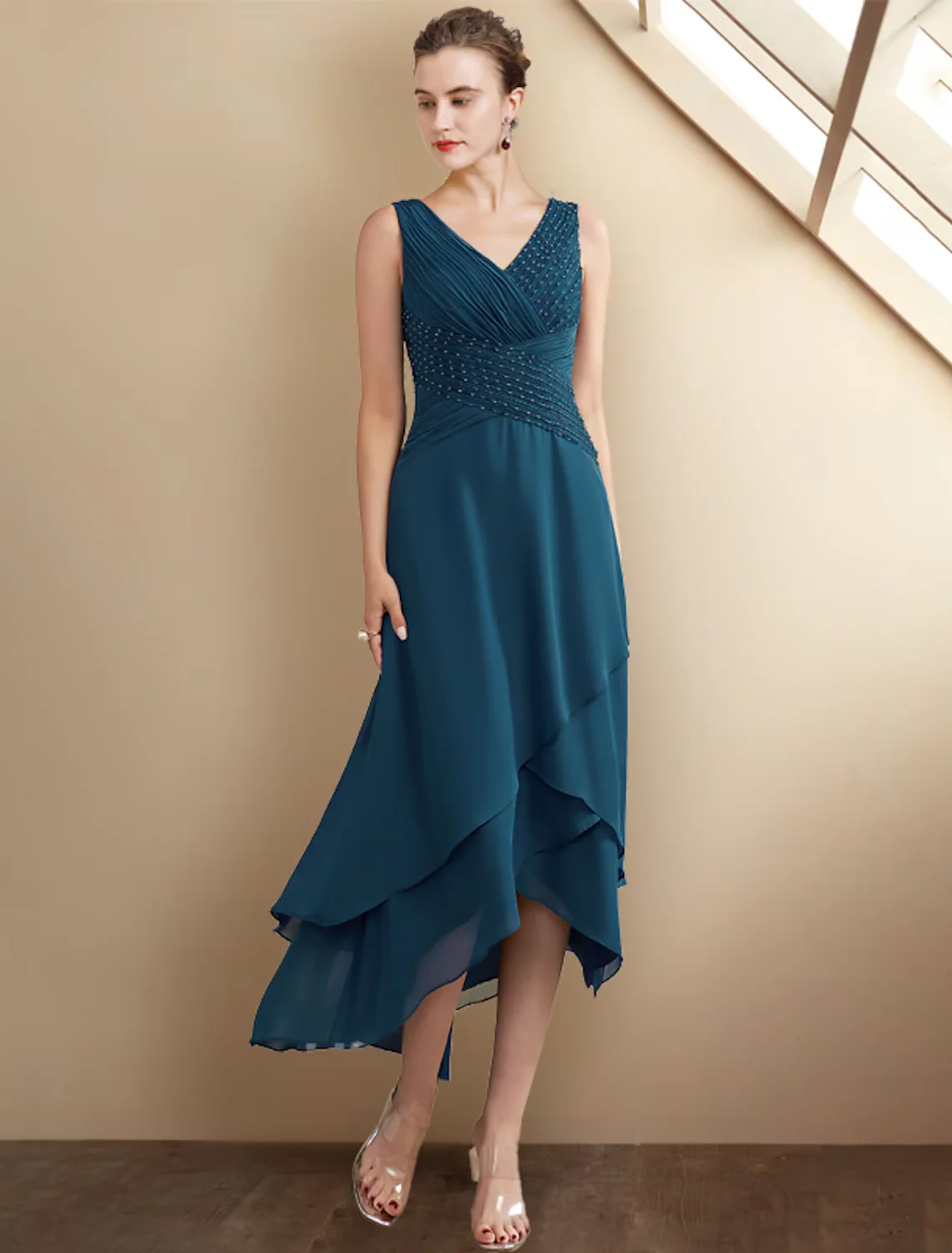 A-Line Mother of the Bride Dress Elegant High Low V Neck Asymmetrical Chiffon Sleeveless Wrap Included with Beading Cascading Ruffles Side-Draped - TREBLEV