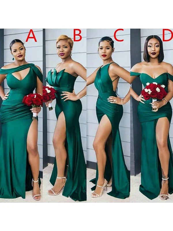 Sheath/Column Off-the-Shoulder Ruched Sleeveless Sweep/Brush Train Bridesmaid Dresses - TREBLEV