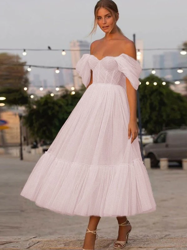 A-Line/Princess Tulle Ruffles Off-the-Shoulder Sleeveless Tea-Length Homecoming Dresses - TREBLEV
