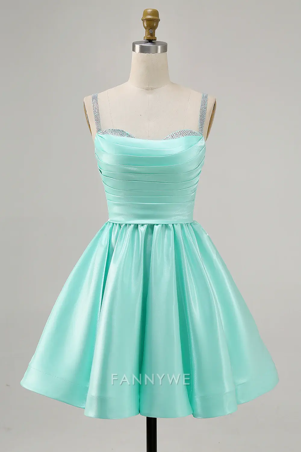 FannyWe Elegant Sparkly Mint Green Ruched Satin Short Homecoming Dress with Beading hot sale - TREBLEV