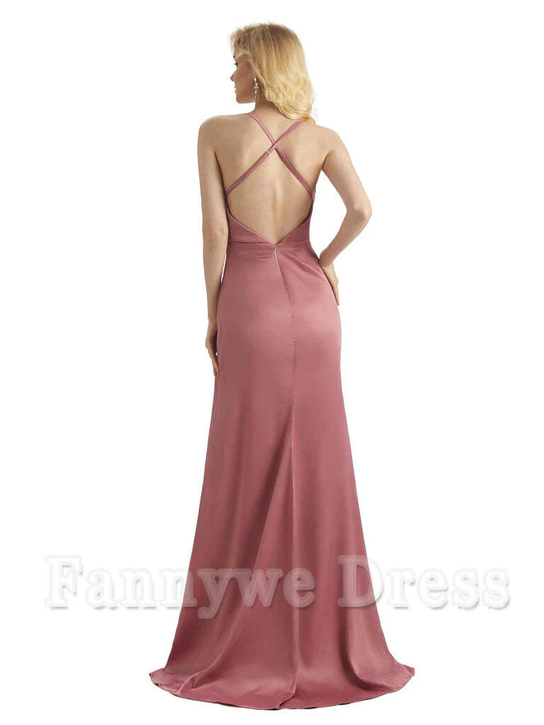 Sheath Cowl Neck Satin formal dresses evening gown Bridesmaid Dresses With Side Slit - TREBLEV