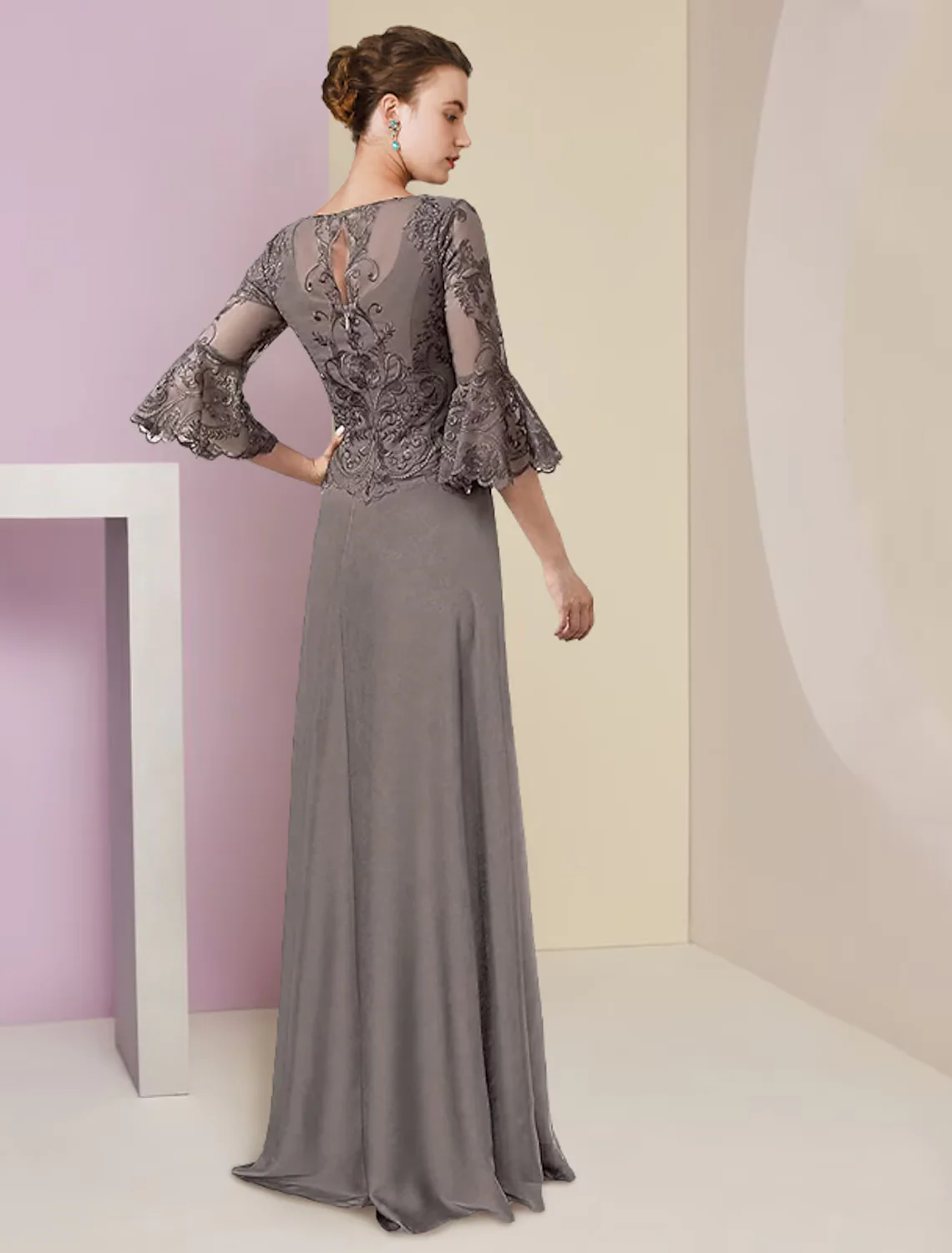 A-Line Mother of the Bride Dress Formal Elegant V Neck Lace Stretch Chiffon Length Sleeve with Beading Appliques - TREBLEV