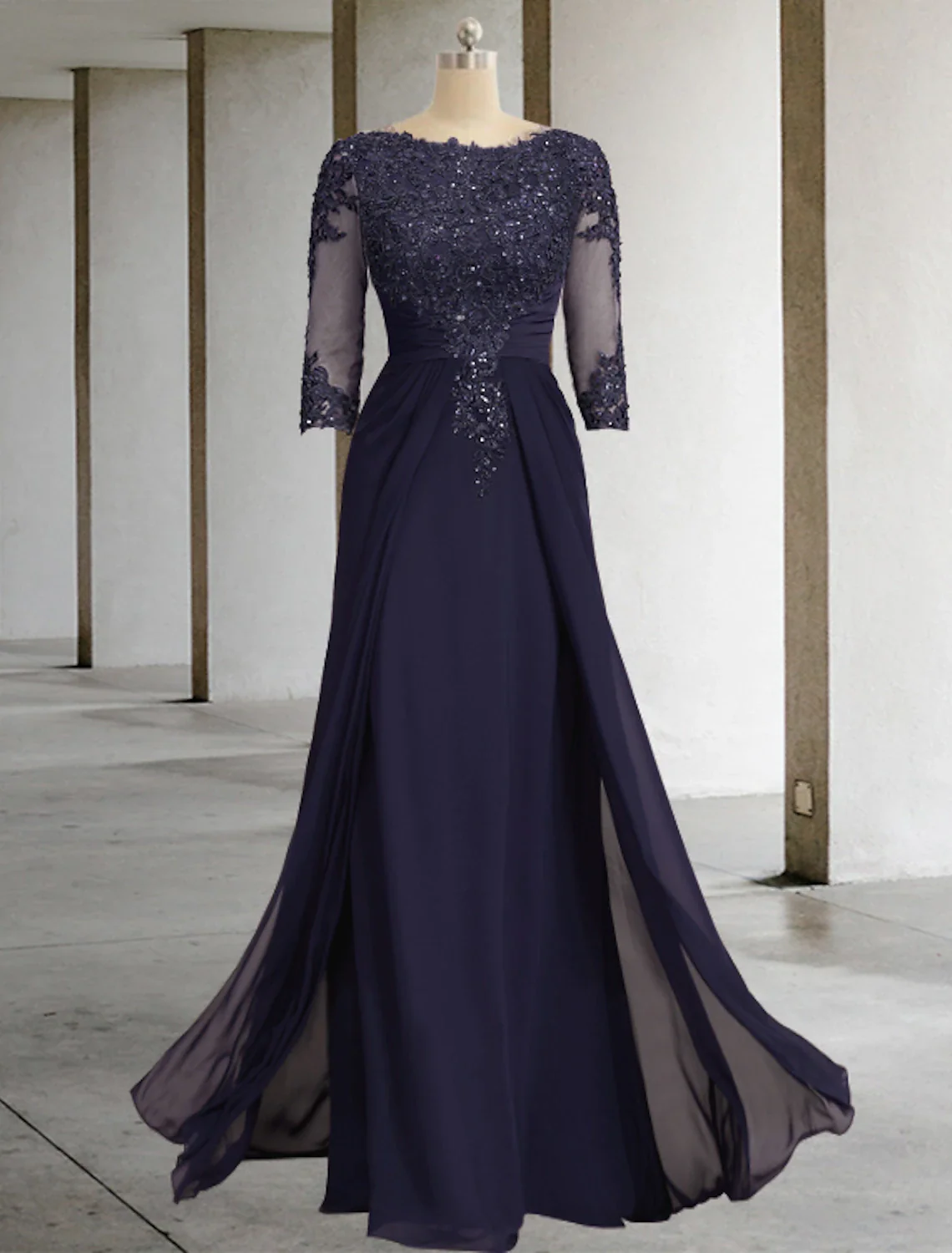 Sheath / Column Mother of the Bride Dress Formal Fall Wedding Guest Elegant Sparkle & Shine Jewel Neck Asymmetrical Floor Length Chiffon Lace 3/4 Length Sleeve with Sequin Appliques - TREBLEV