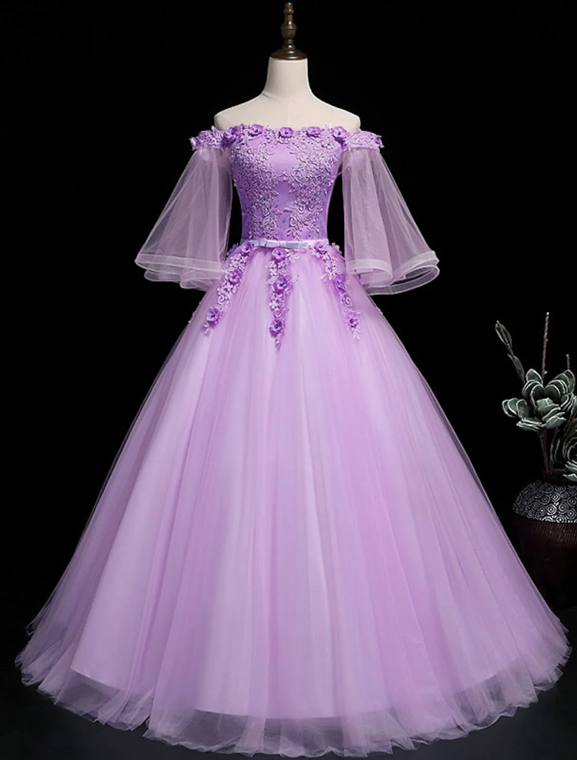 Luxurious Floral Quinceanera Prom Birthday Dress Off Shoulder Length Sleeve Floor Length Tulle Embroidery - TREBLEV