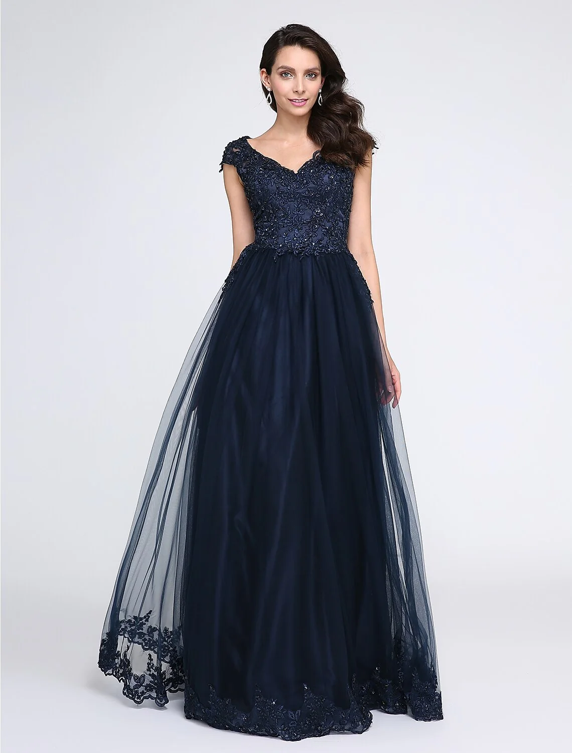 A-Line Little Black Dress Dress Wedding Guest Floor Length Sleeveless V Neck Tulle with Appliques - TREBLEV