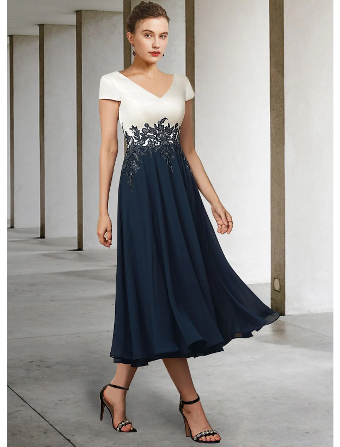 A-Line Mother of the Bride Dress Elegant V Neck Tea Length Chiffon Satin Lace Short Sleeve with Pleats Appliques - TREBLEV