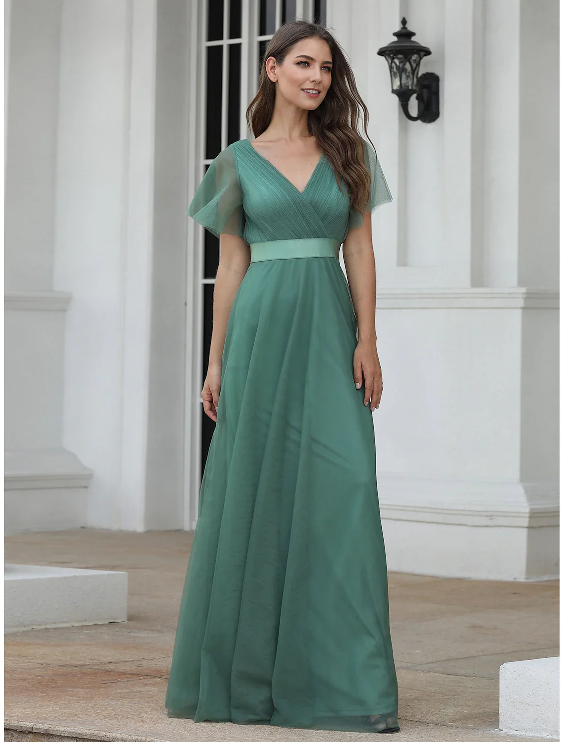 A-Line Empire Wedding Guest Prom Dress V Neck V Back Short Sleeve Floor Length Chiffon with Pleats Ruched - TREBLEV