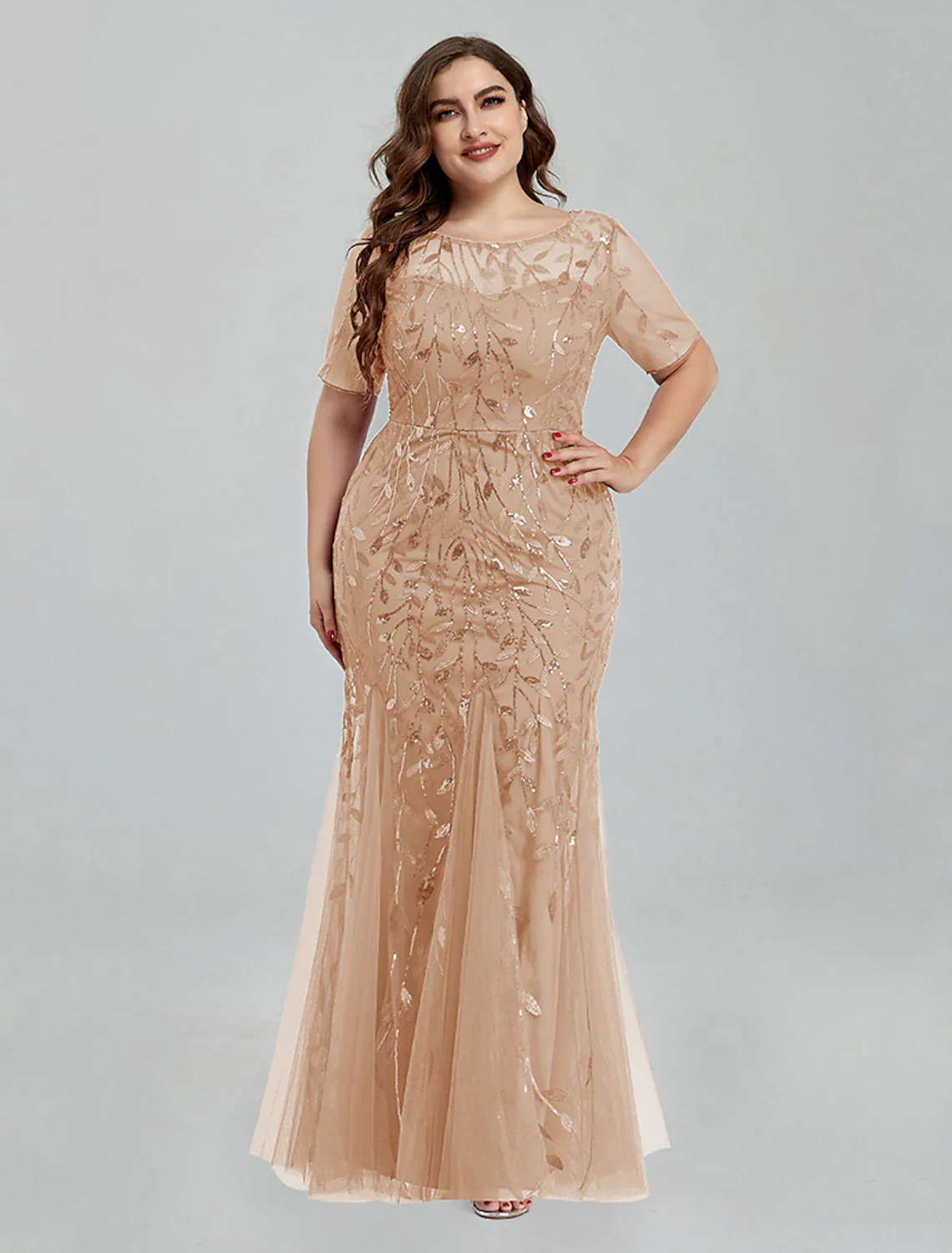 Mermaid / Trumpet Evening Gown Empire Dress Homecoming Floor Length Short Sleeve Jewel Neck Tulle with Embroidery - TREBLEV