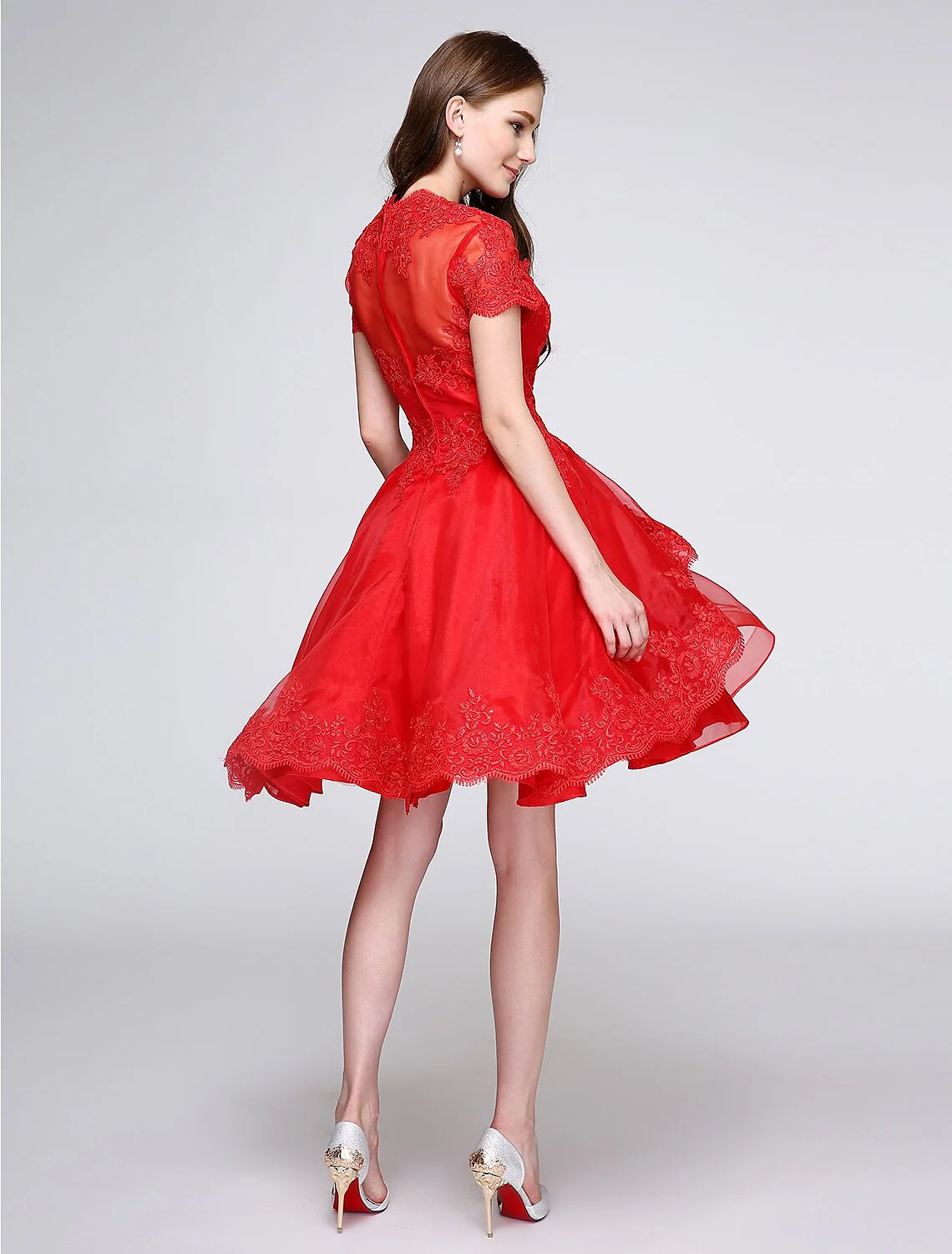Ball Gown Cute Dress Cocktail Party Knee Length Short Sleeve Plunging Neck Organza with Buttons Appliques - TREBLEV