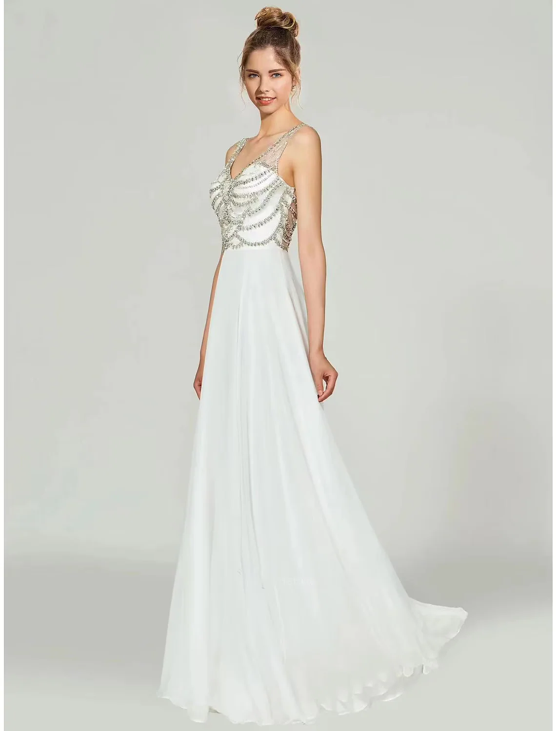 A-Line Evening Gown Open Back Dress Formal Floor Length Sleeveless V Neck Chiffon with Rhinestone - TREBLEV