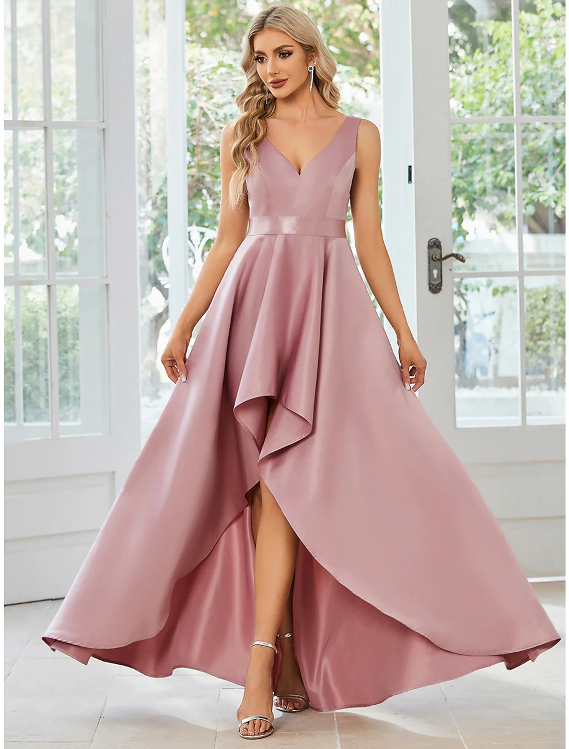 A-Line Wedding Guest Dresses Casual Dress Party Wear Asymmetrical Sleeveless V Neck Satin with Ruffles Pure Color - TREBLEV
