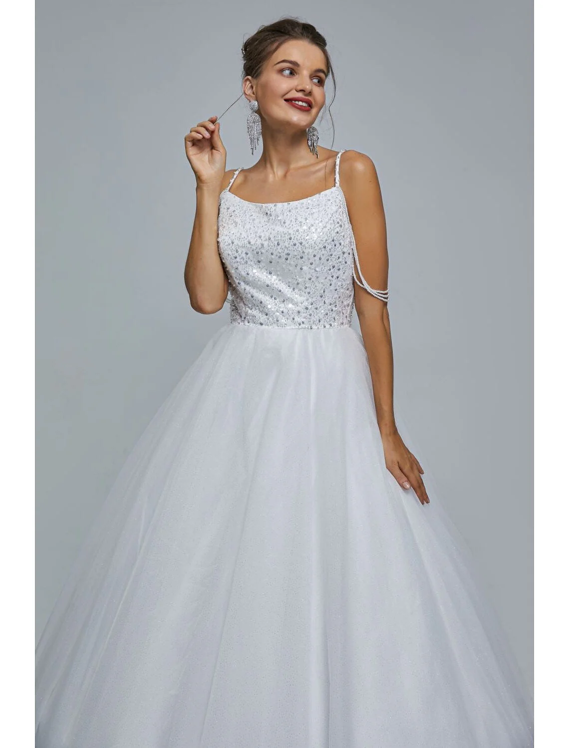 Sparkle Shine Dress Graduation Floor Length Sleeveless Strap Tulle with Pearls Sequin - TREBLEV