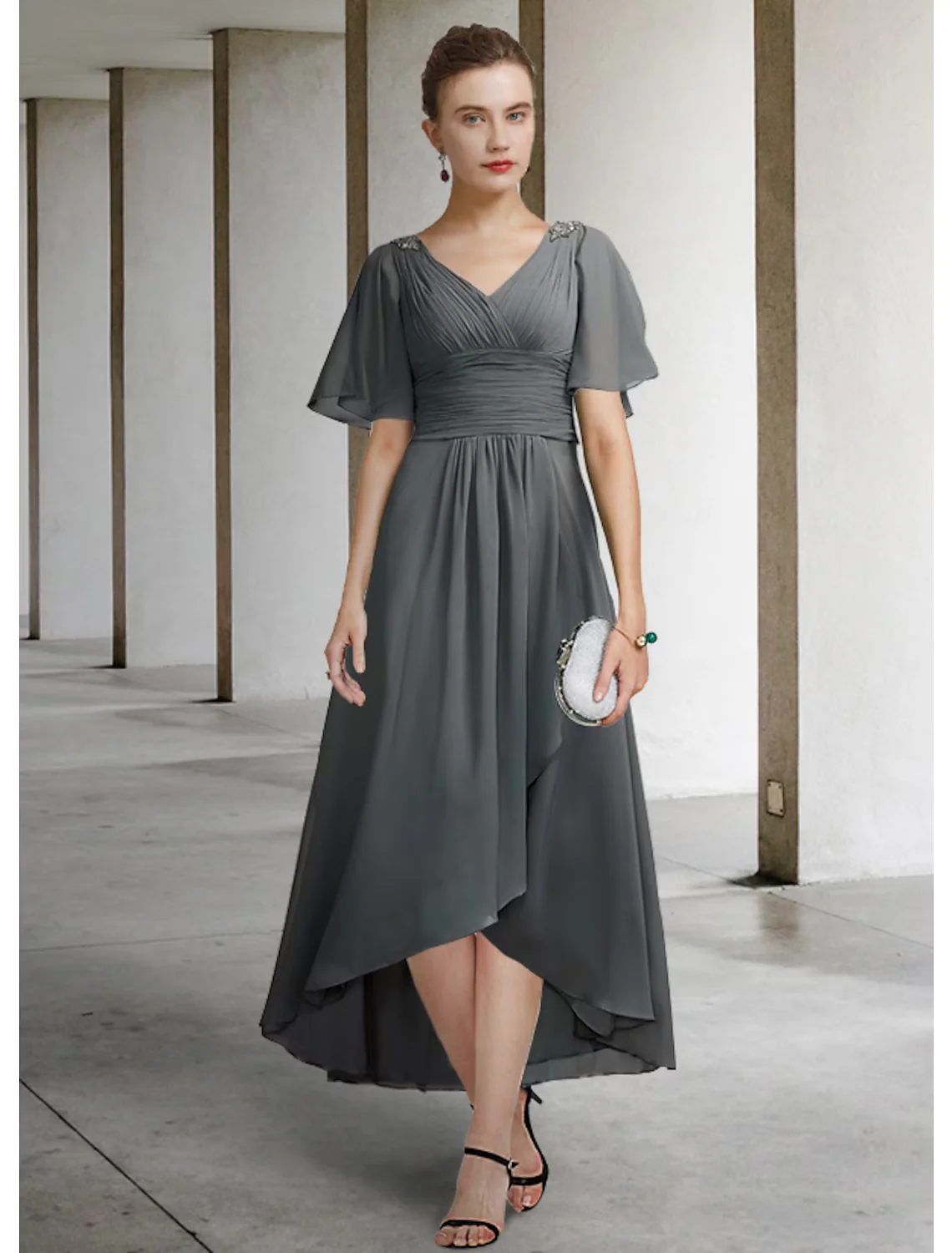 A-Line Mother of the Bride Dress Elegant High Low V Neck Asymmetrical Chiffon Short Sleeve with Pleats Ruching - TREBLEV