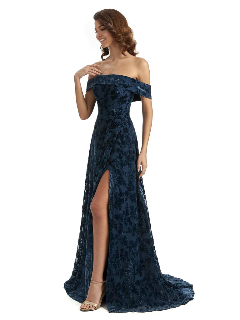A-Line Off Shoulder Lace Velvet formal dresses evening gown Bridesmaid Dresses With Side Slit - TREBLEV