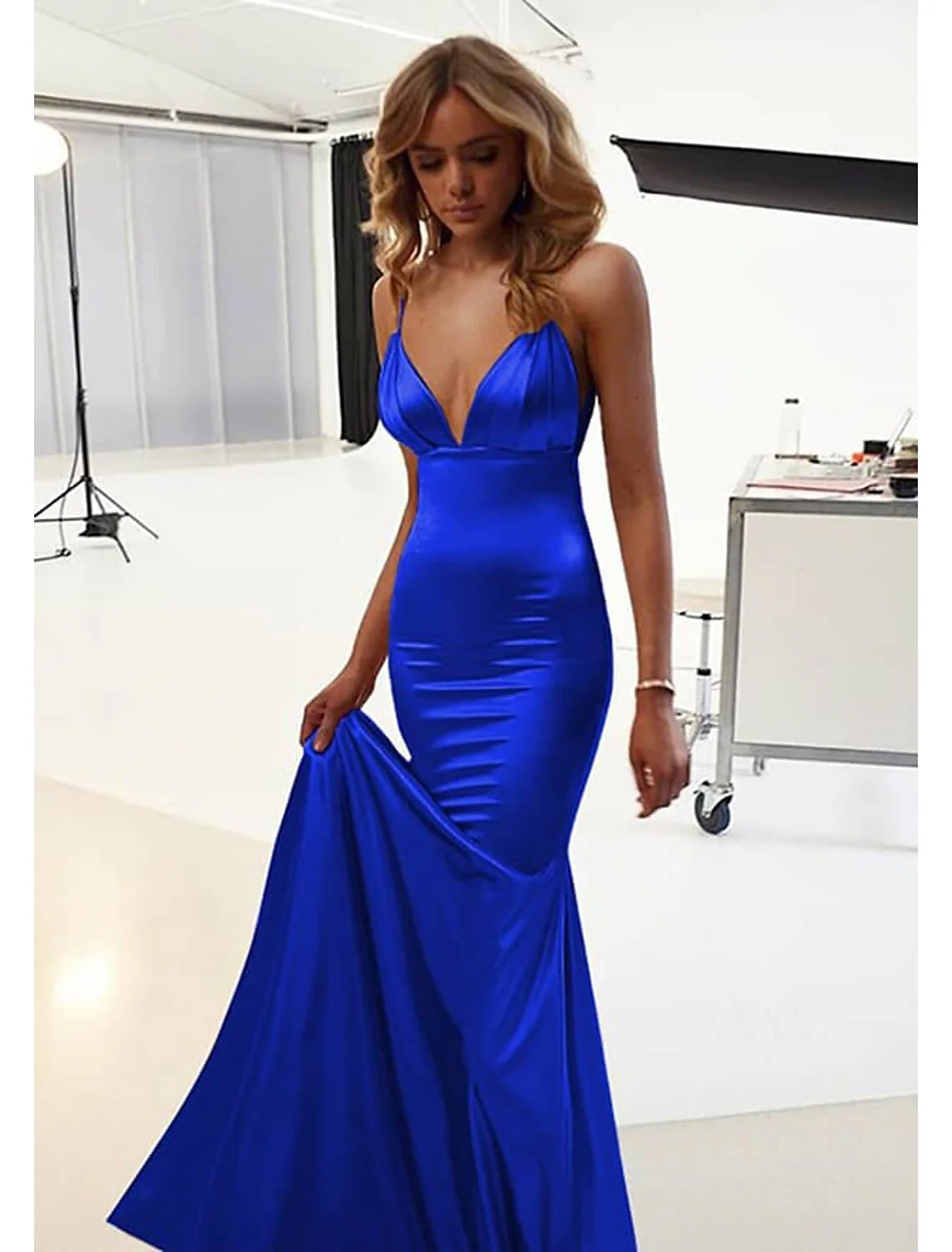 Mermaid / Trumpet Wedding Guest Dresses Sexy Dress Prom Floor Length Sleeveless Spaghetti Strap Cotton Backless with Ruched - TREBLEV