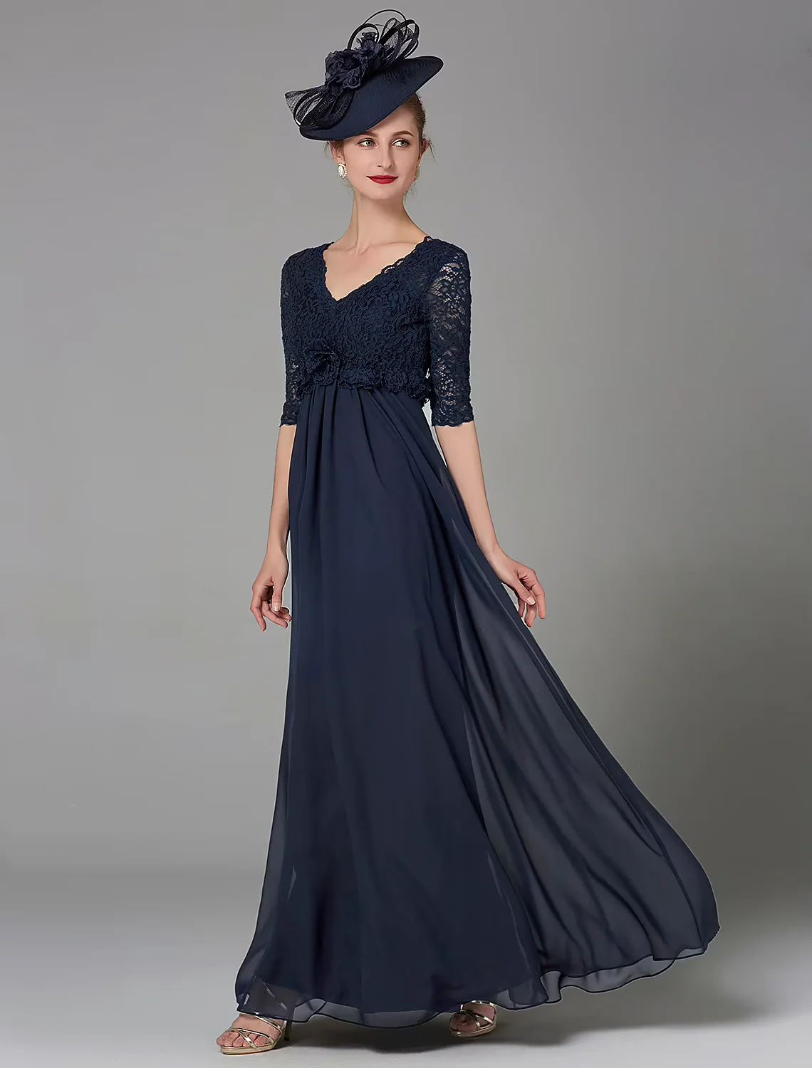 A-Line Mother of the Bride Dress Elegant Luxurious V Neck Floor Length Chiffon Lace Half Sleeve with Lace Bow(s) - TREBLEV