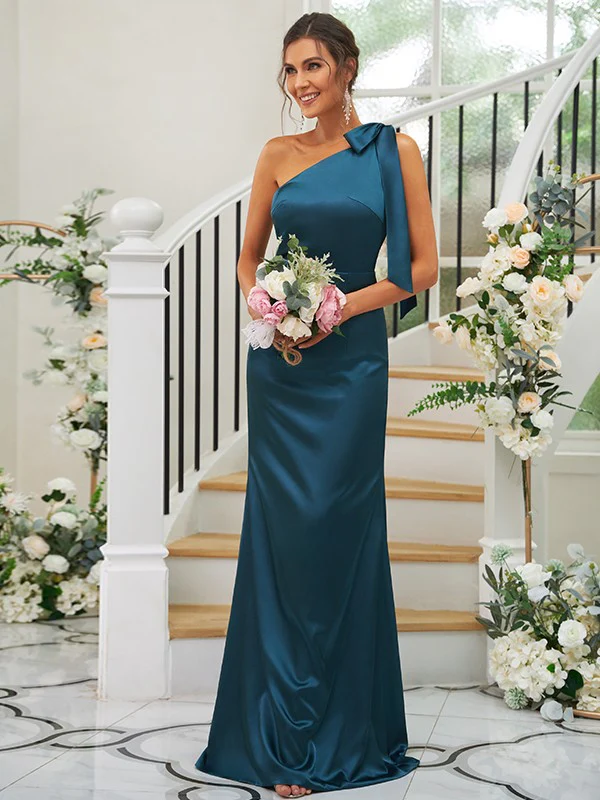 Sheath/Column Silk like Satin Bowknot One-Shoulder Sleeveless Floor-Length Bridesmaid Dresses - TREBLEV