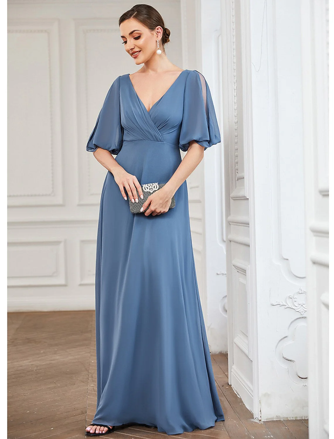 A-Line Evening Gown Dress Wedding Guest Floor Length Half Sleeve V Neck Chiffon with Pleats - TREBLEV