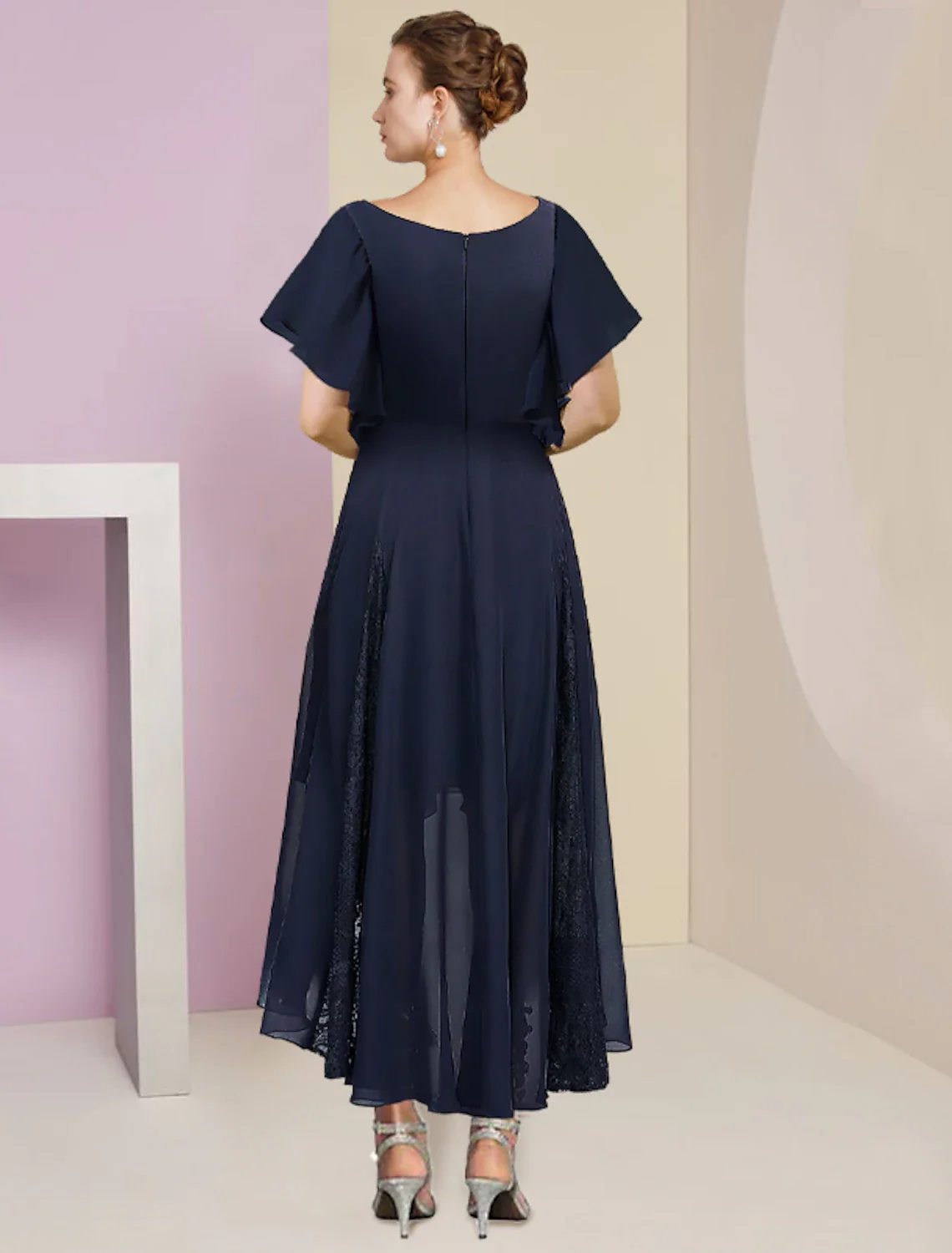 A-Line Mother of the Bride Dress Formal Wedding Guest Elegant V Neck Ankle Length Chiffon Lace Short Sleeve with Pleats Crystal Brooch - TREBLEV