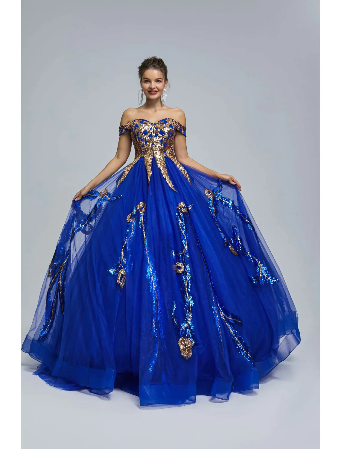 Sparkle Shine Dress Quinceanera Floor Length Sleeveless Off Shoulder Tulle with Sequin - TREBLEV