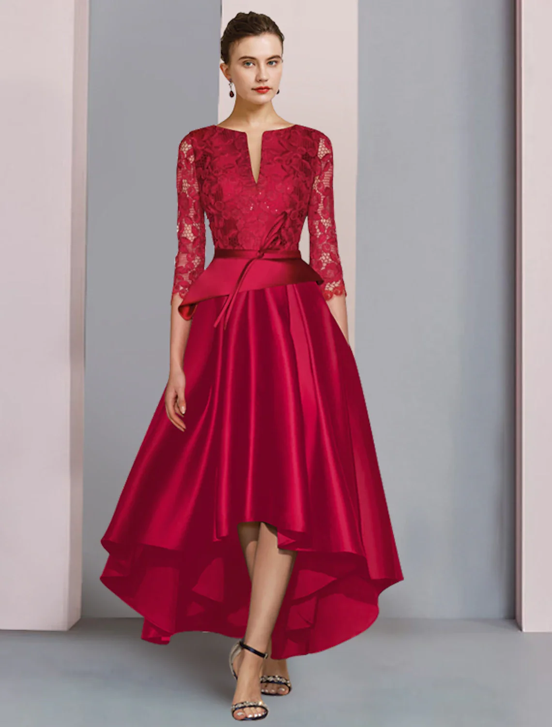 A-Line Mother of the Bride Dress Formal Wedding Guest Party Elegant High Low Scoop Neck Asymmetrical Tea Length Satin Lace 3/4 Length Sleeve with Bow(s) Pleats - TREBLEV