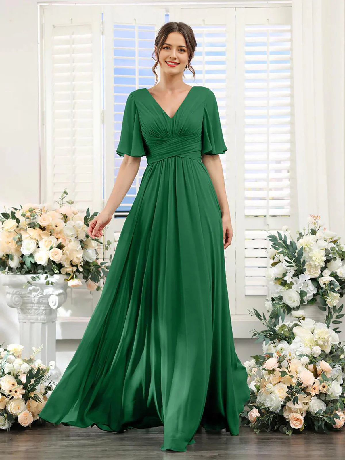 A-Line V Neck Sleeve Bridesmaid Dress for Wedding Guest Long Chiffon Party Dresses with Slit - TREBLEV