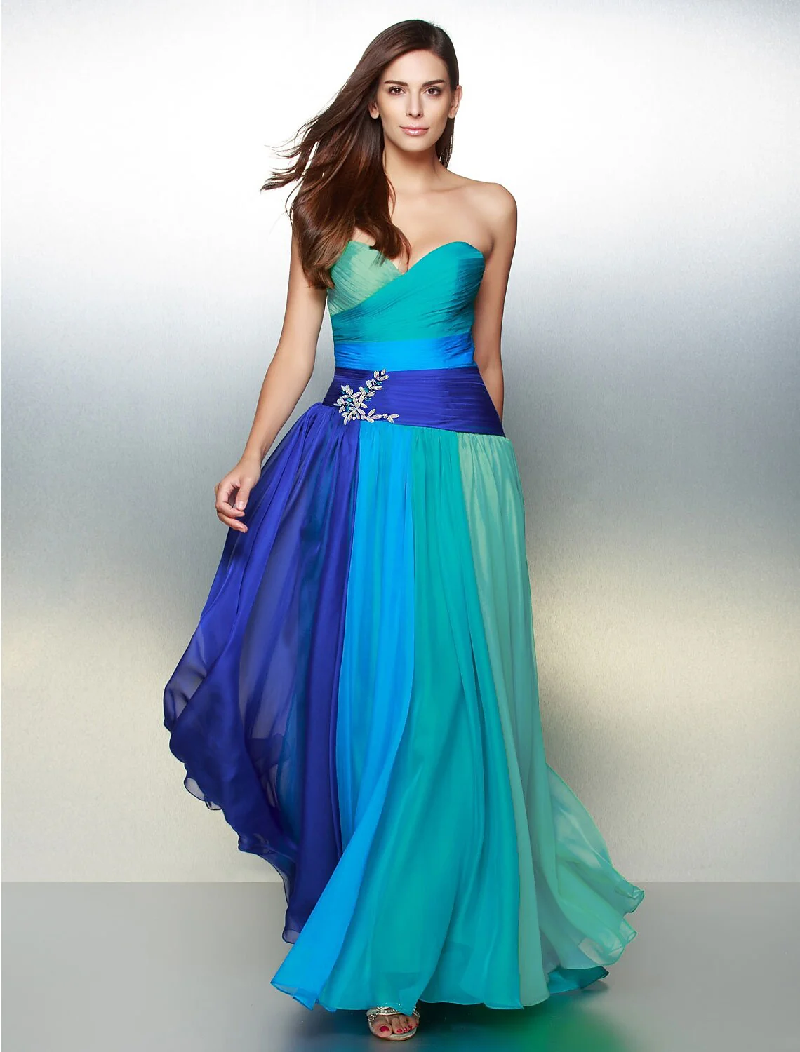 A-Line Color Block Dress Wedding Guest Floor Length Sleeveless Sweetheart Chiffon Backless with Ruched Crystals - TREBLEV