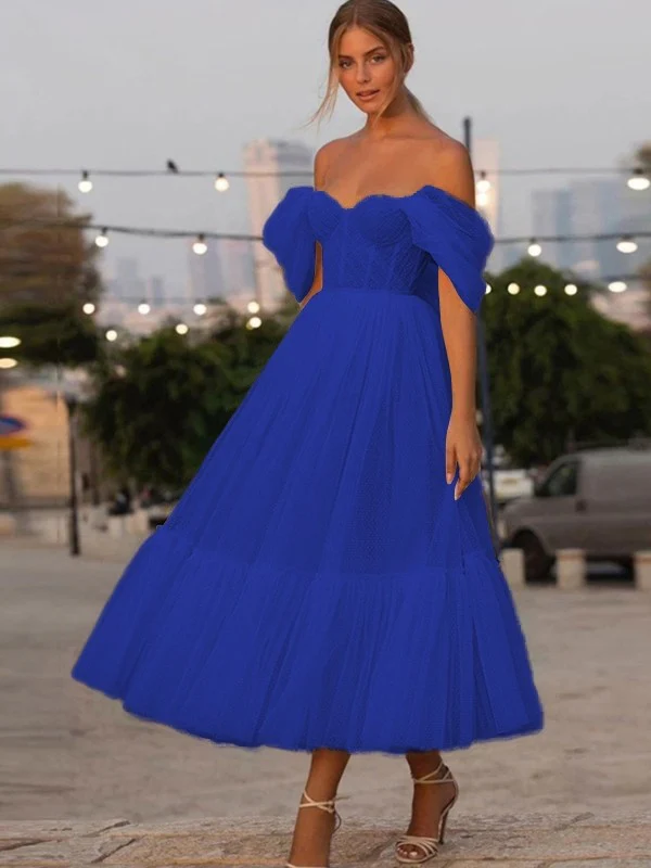 A-Line/Princess Tulle Ruffles Off-the-Shoulder Sleeveless Tea-Length Homecoming Dresses - TREBLEV