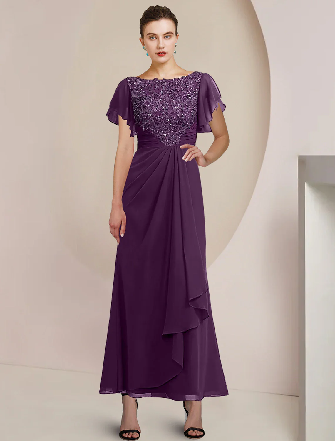 A-Line Mother of the Bride Dress Formal Wedding Guest Elegant Scoop Neck Tea Length Chiffon Lace 3/4 Length Sleeve with Beading Sequin Appliques - TREBLEV