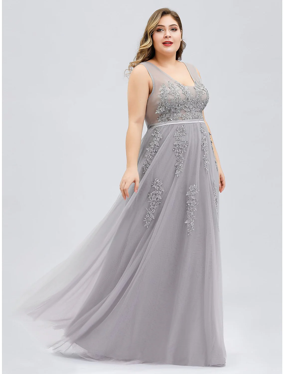 A-Line Prom Dresses Plus Size Dress Prom Floor Length Sleeveless V Neck Tulle V Back with Beading Appliques - TREBLEV