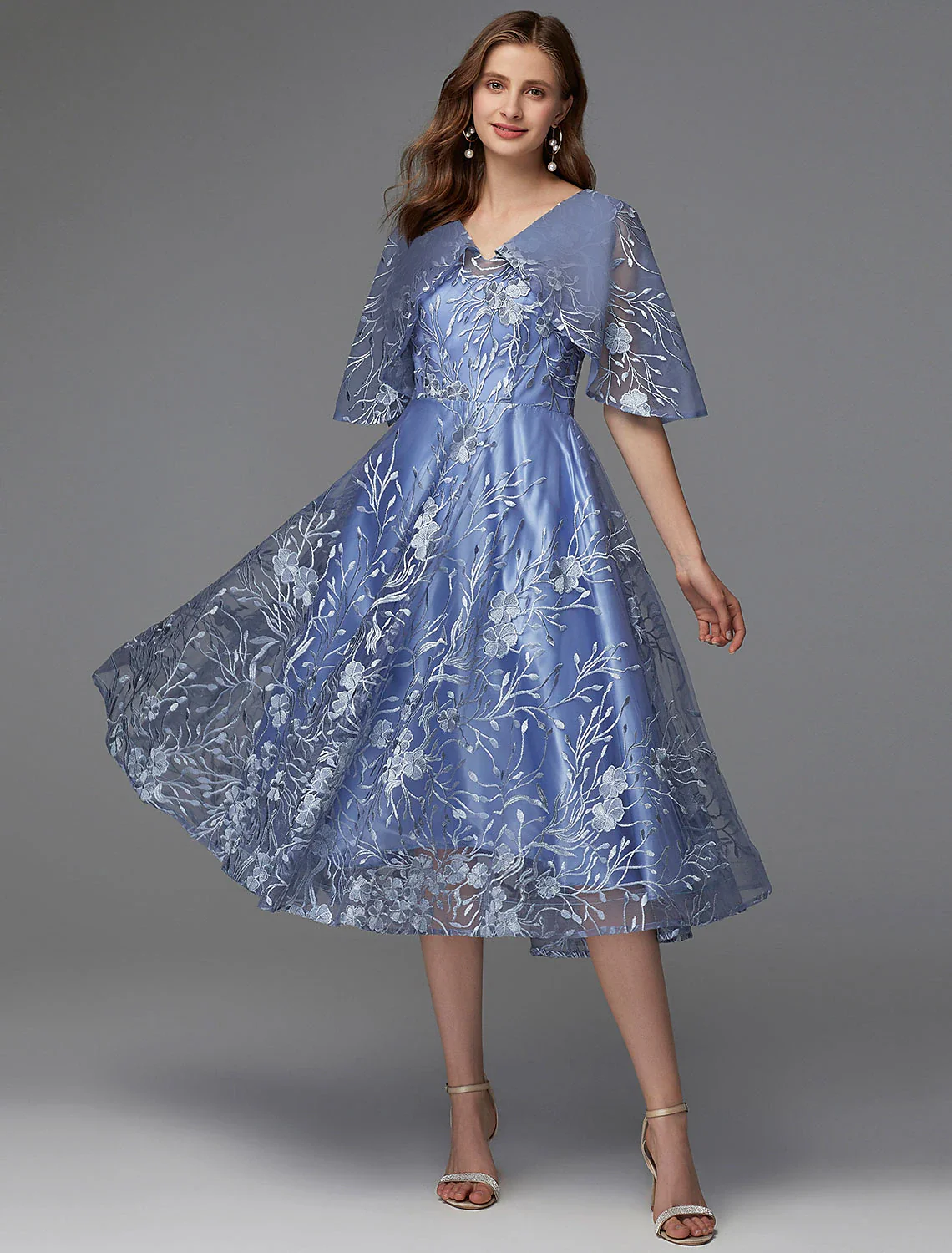 A-Line Floral Dress Wedding Guest Tea Length Sleeveless V Neck Lace V Back with Pattern / Print Appliques - TREBLEV