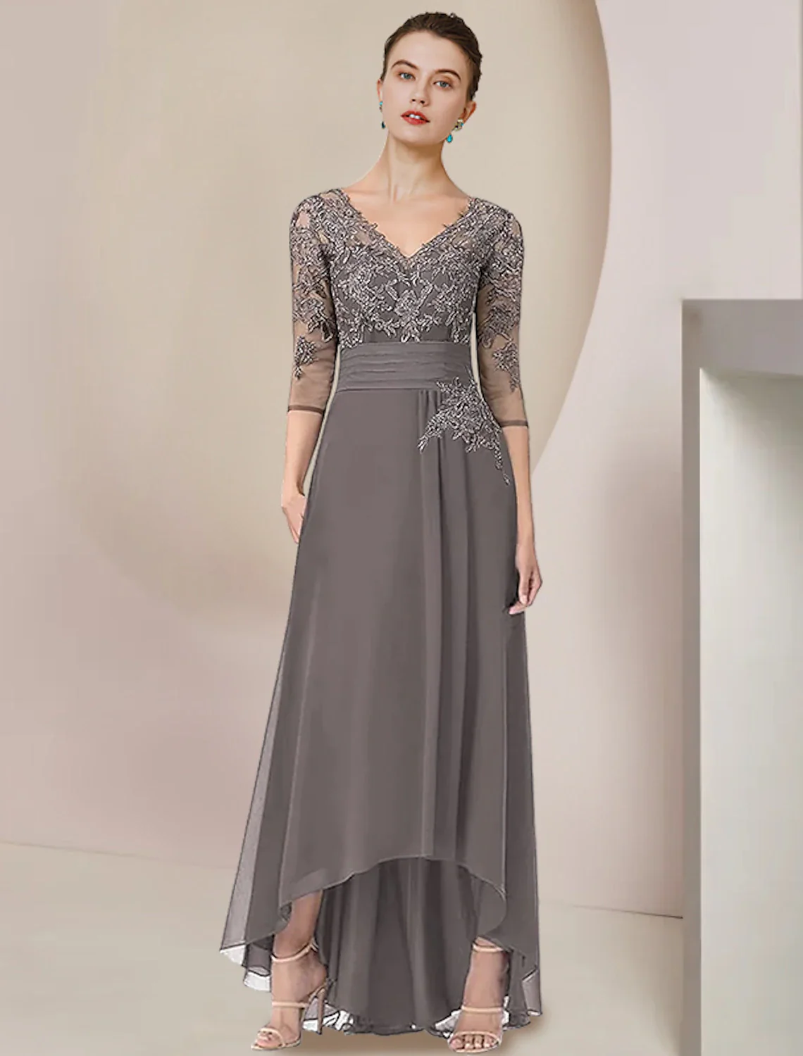 Two Piece A-Line Mother of the Bride Dress Formal Wedding Guest Elegant High Low V Neck Asymmetrical Tea Length Chiffon Lace 3/4 Length Sleeve Wrap Included with Ruched Appliques - TREBLEV