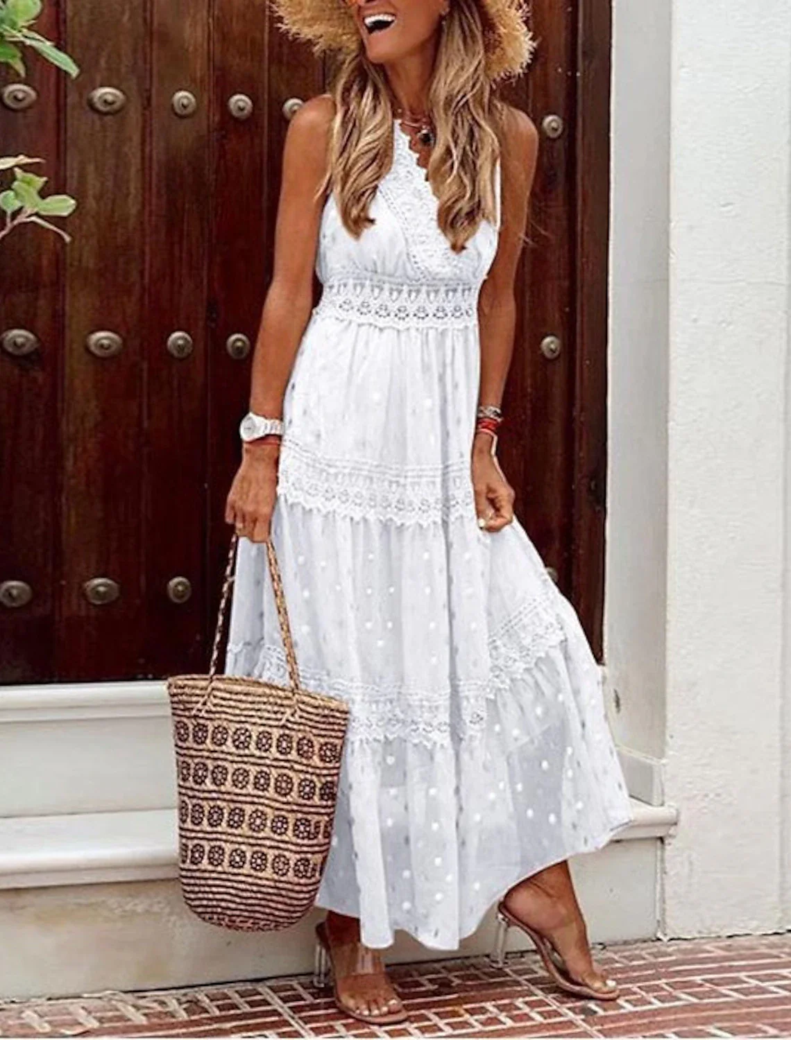 Beach Little White Dresses Boho Wedding Dresses A-Line V Neck Sleeveless Ankle Length Chiffon Bridal Gowns With Appliques - TREBLEV
