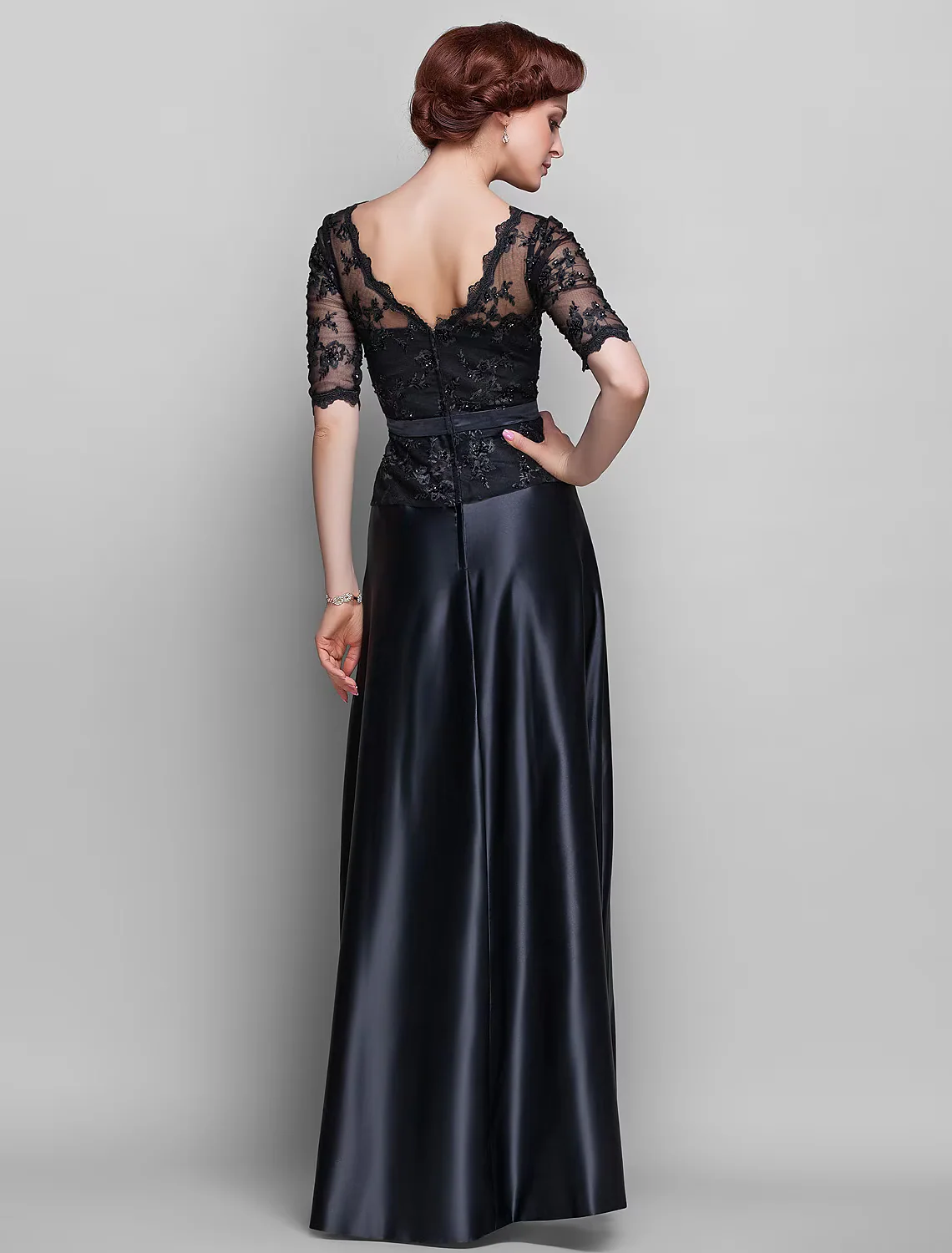A-Line Mother of the Bride Dress  V Neck Floor Length Satin Lace Half Sleeve with Lace Bow(s) Beading - TREBLEV