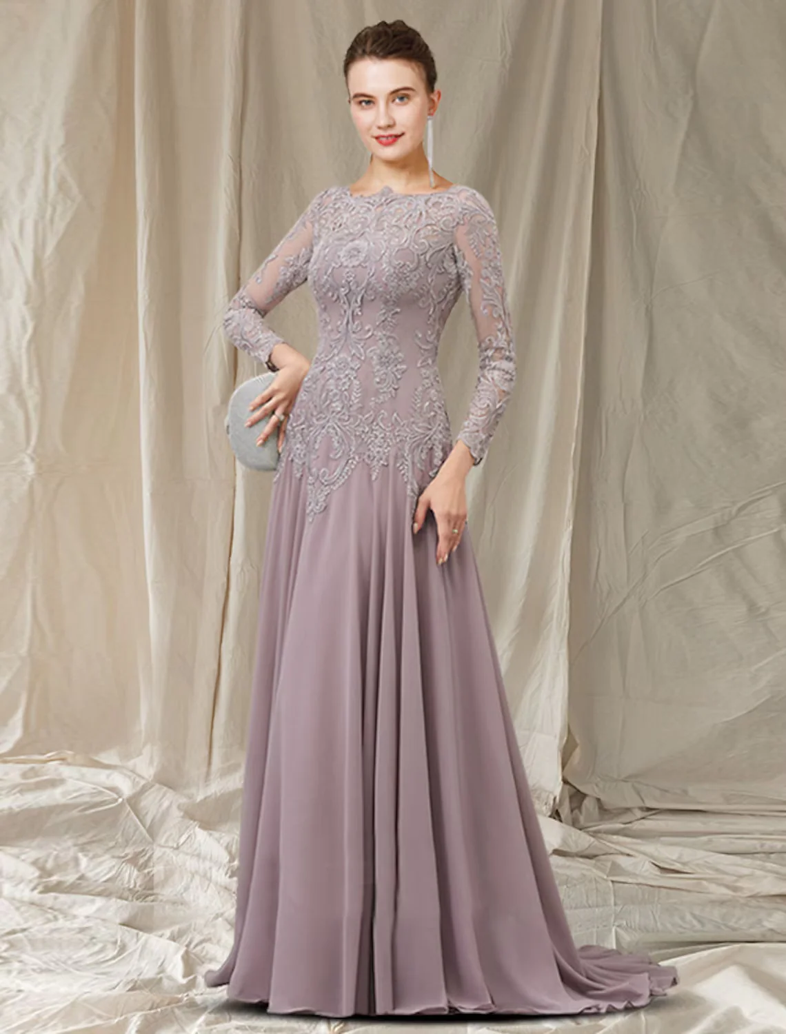 A-Line Mother of the Bride Dress Elegant Chiffon Lace Long Sleeve with Pleats Appliques - TREBLEV