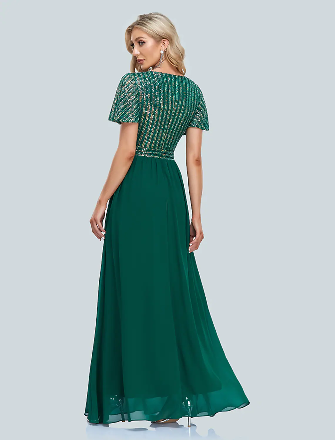 A-Line Evening Gown Elegant Dress Floor Length Short Sleeve V Neck Sequined - TREBLEV