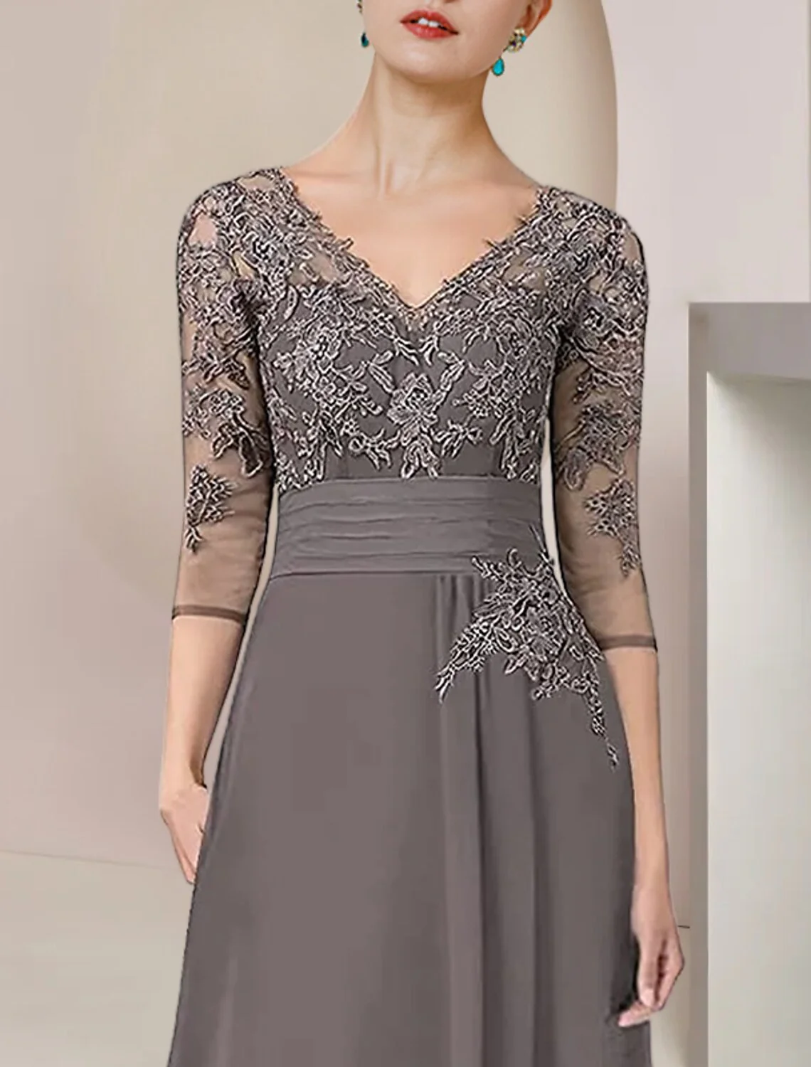 Two Piece A-Line Mother of the Bride Dress Formal Wedding Guest Elegant High Low V Neck Asymmetrical Tea Length Chiffon Lace 3/4 Length Sleeve Wrap Included with Ruched Appliques - TREBLEV