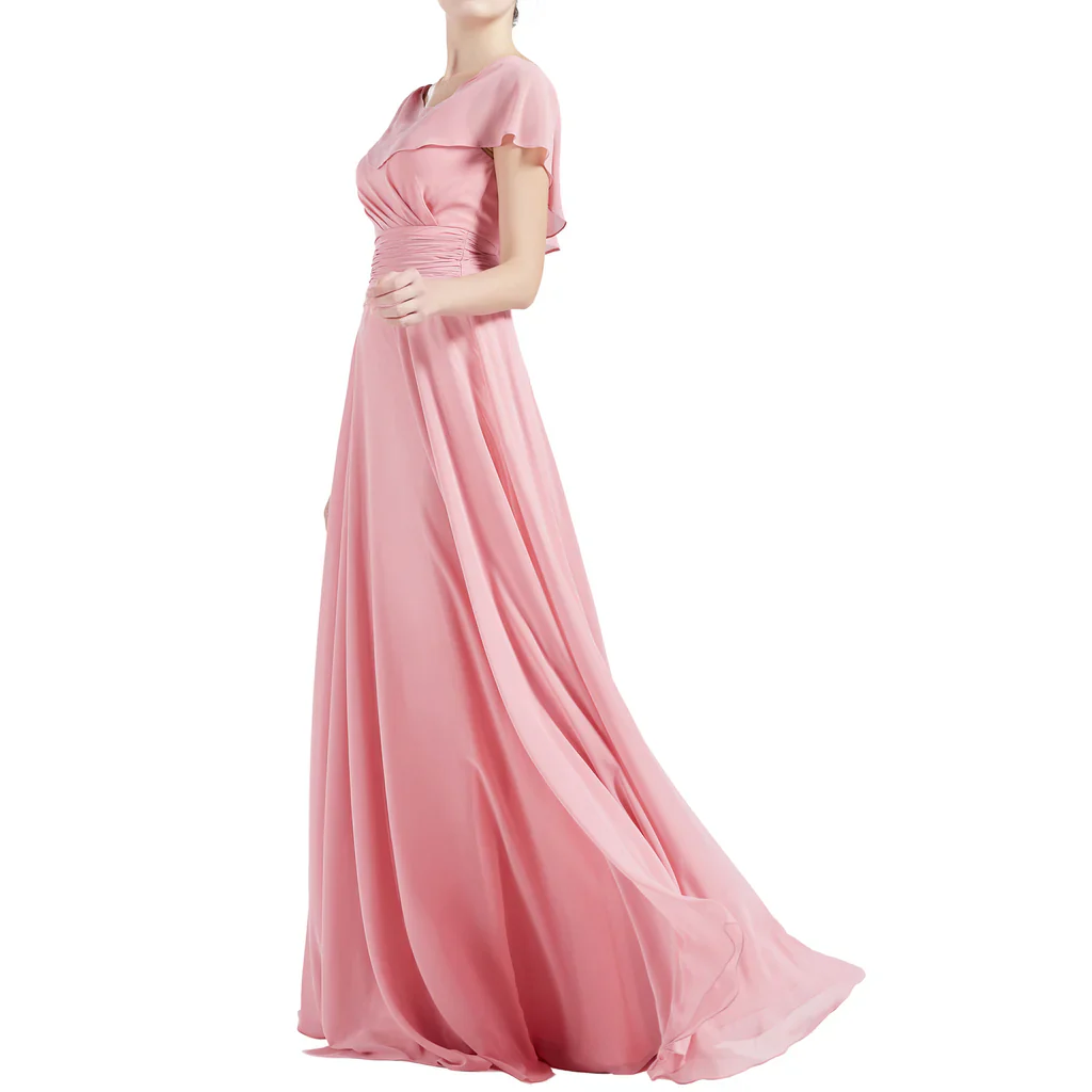 A Line Neck Ruffle Short Sleeves Wedding Bridesmaid Dresses - TREBLEV