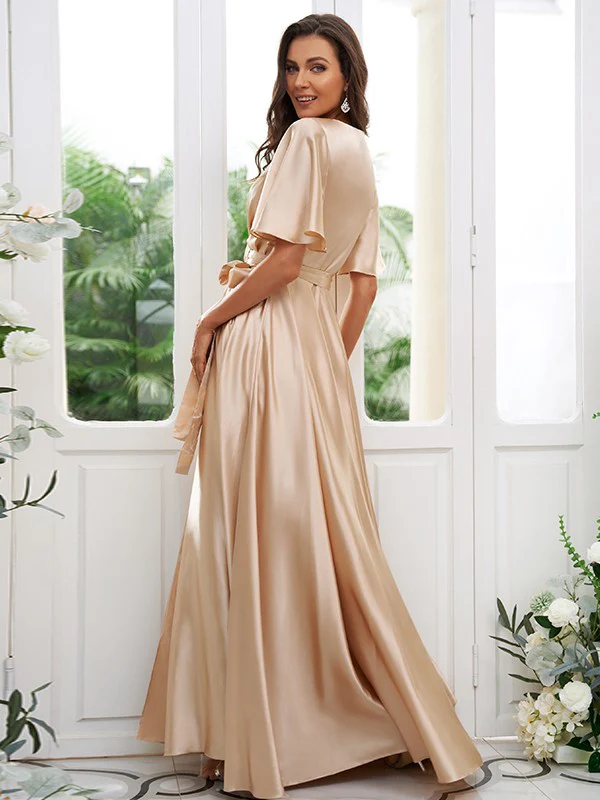 A-Line/Princess Silk like Satin Sash/Ribbon/Belt V-neck Short Sleeves Floor-Length Bridesmaid Dresses - TREBLEV