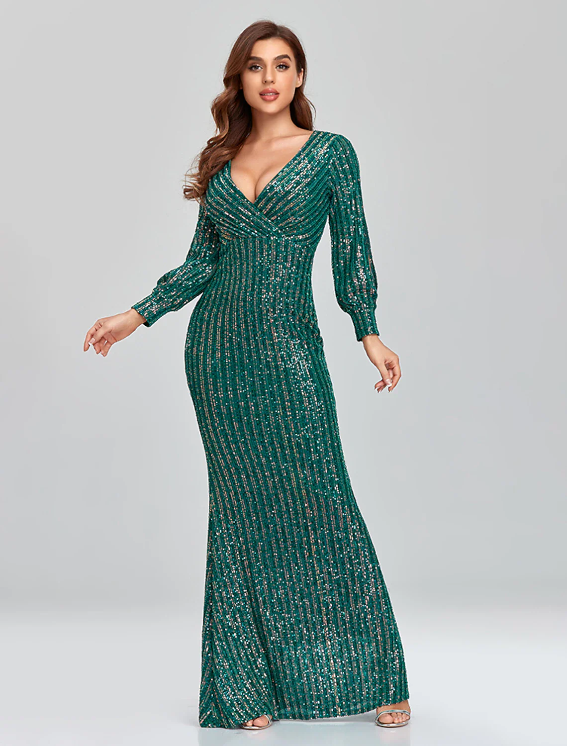 Mermaid / Trumpet Evening Gown Sparkle Dress Party Wear Floor Length Long Sleeve V Neck Sequined with Sequin - TREBLEV