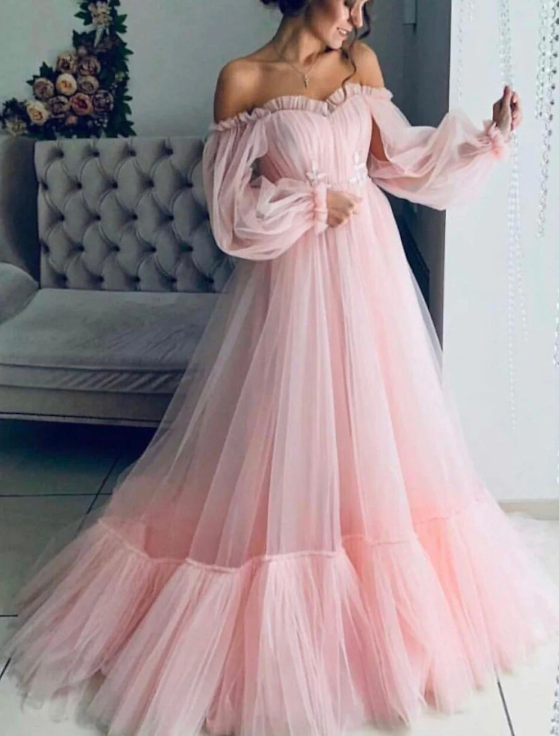 A-Line Minimalist Elegant Engagement Prom Dress Off Shoulder Long Sleeve Floor Length Tulle with Pleats Appliques - TREBLEV