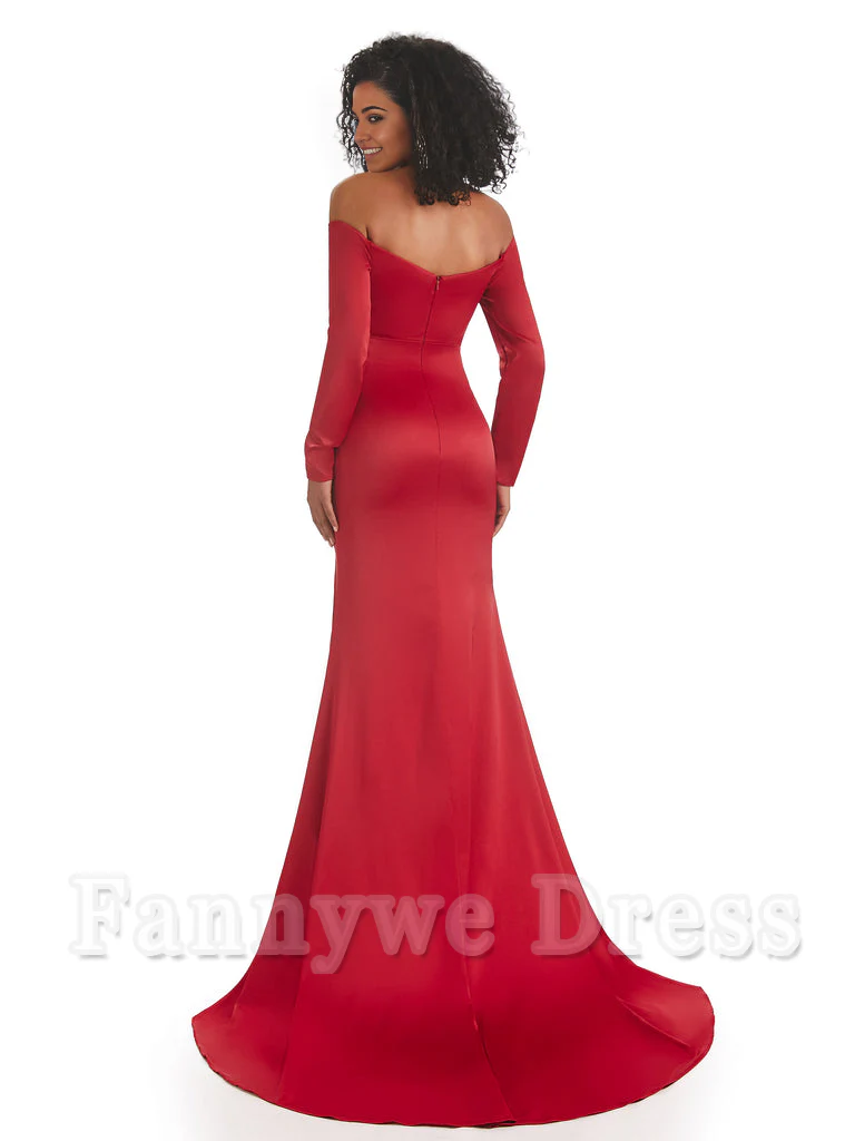 Mermaid Long Sleeve Satin formal dresses evening gown Bridesmaid Dresses With Side Slit - TREBLEV
