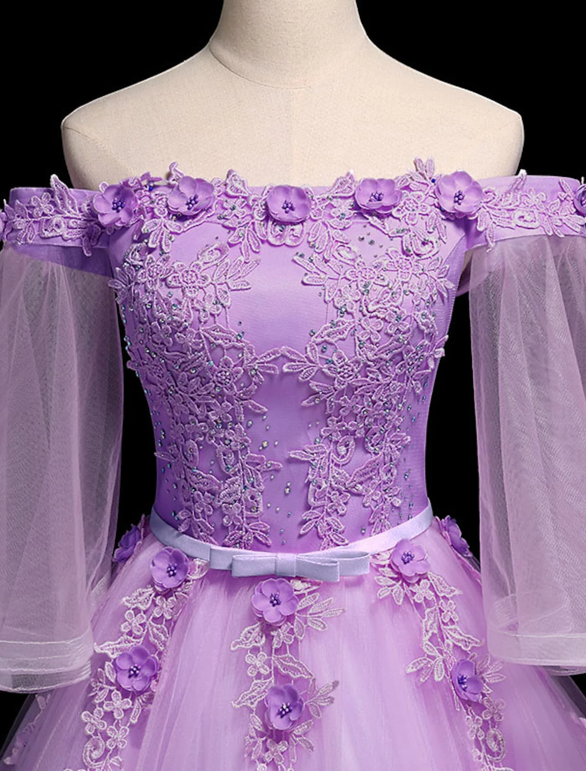 Luxurious Floral Quinceanera Prom Birthday Dress Off Shoulder Length Sleeve Floor Length Tulle Embroidery - TREBLEV