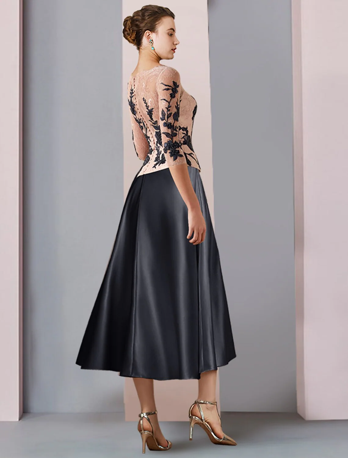 A-Line Mother of the Bride Dress Formal Wedding Guest Party Elegant V Neck Satin Lace Length Sleeve with Pleats - TREBLEV